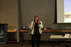 Katrina Leclerc, executive assistant to Senator McPhedran, speaks in front of classroom